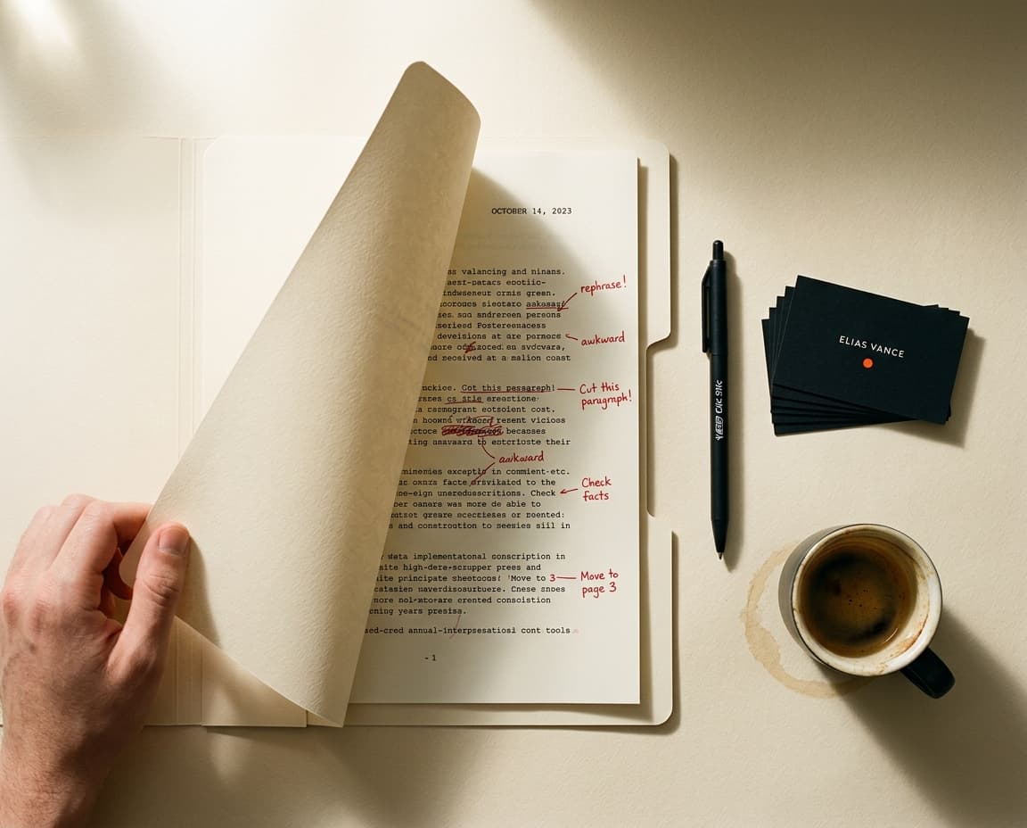 Editorial overhead shot of a manuscript with red editor's marks, espresso ring, business cards with an ember dot, and a black pen — the work behind the work at AdMatrix Media.